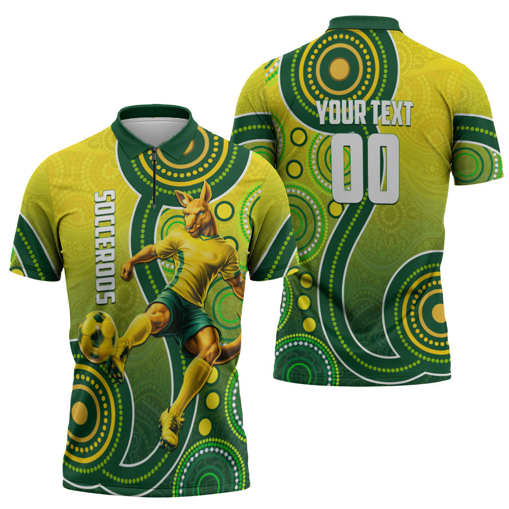 Personalized Australian Soccer Kangaroo Zipper Polo Shirt Aboriginal Dot Pattern Green Gold Football Player