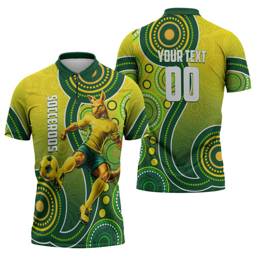 Personalized Australian Soccer Kangaroo Zipper Polo Shirt Aboriginal Dot Pattern Green Gold Football Player