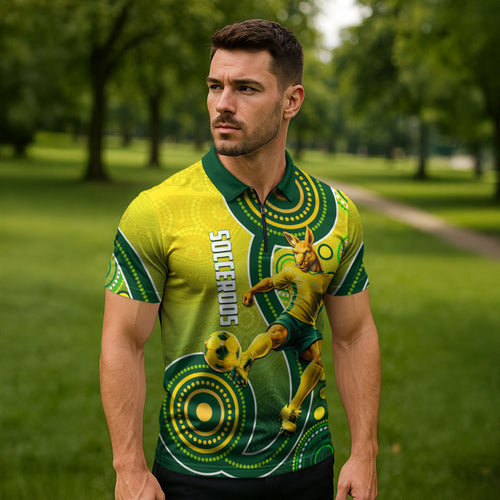 Personalized Australian Soccer Kangaroo Zipper Polo Shirt Aboriginal Dot Pattern Green Gold Football Player