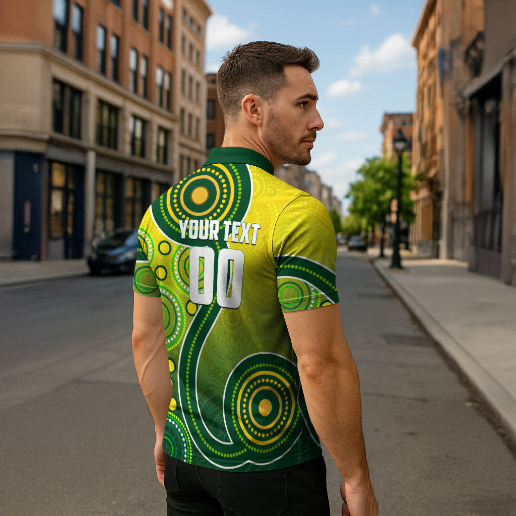 Personalized Australian Soccer Kangaroo Zipper Polo Shirt Aboriginal Dot Pattern Green Gold Football Player