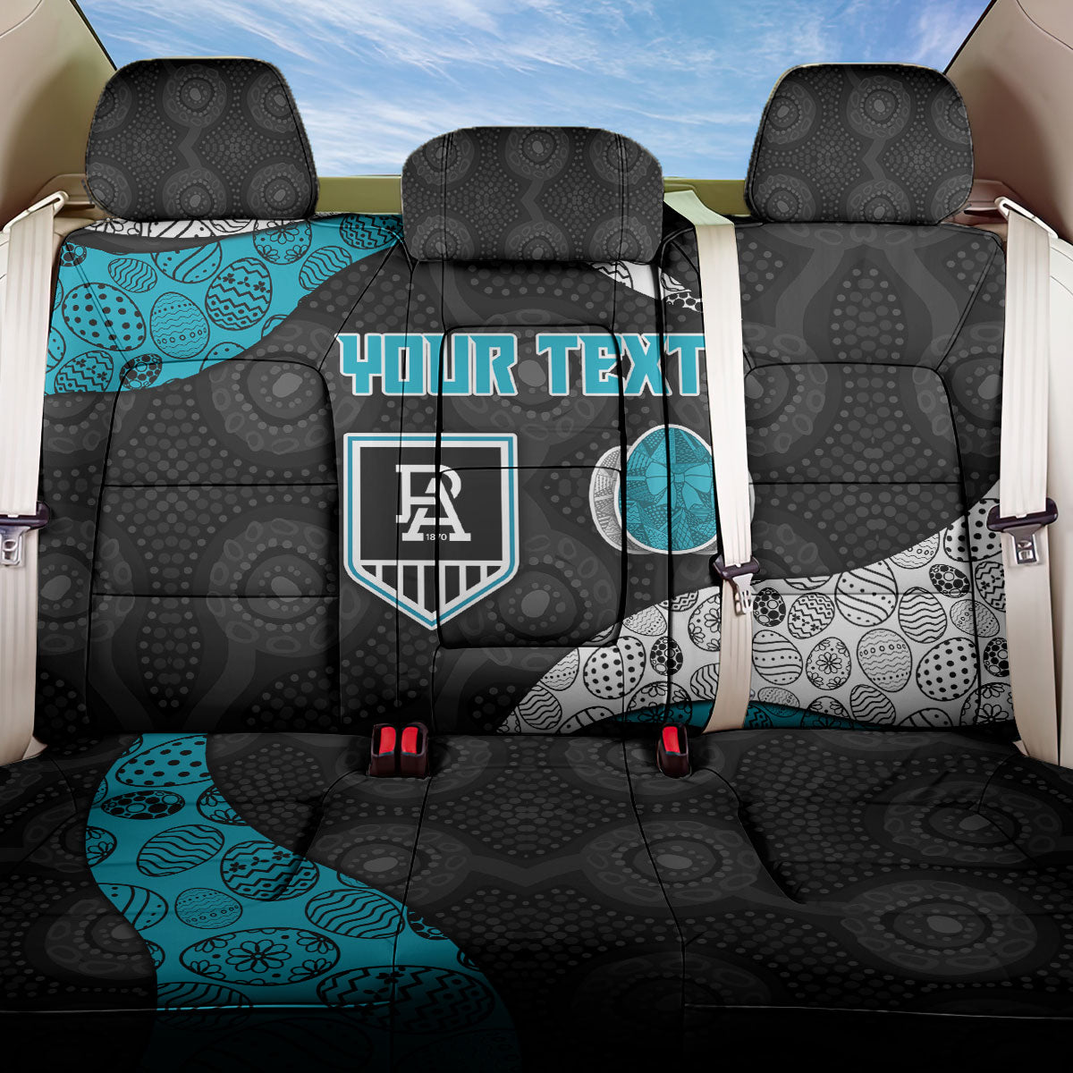 Personalized Power Football Back Car Seat Cover Easter Egg Pattern Teal Monochrome Tribal Dot Style
