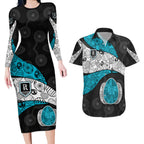 Personalized Power Football Couples Matching Long Sleeve Bodycon Dress and Hawaiian Shirt Easter Egg Pattern Teal Monochrome Tribal Dot Style