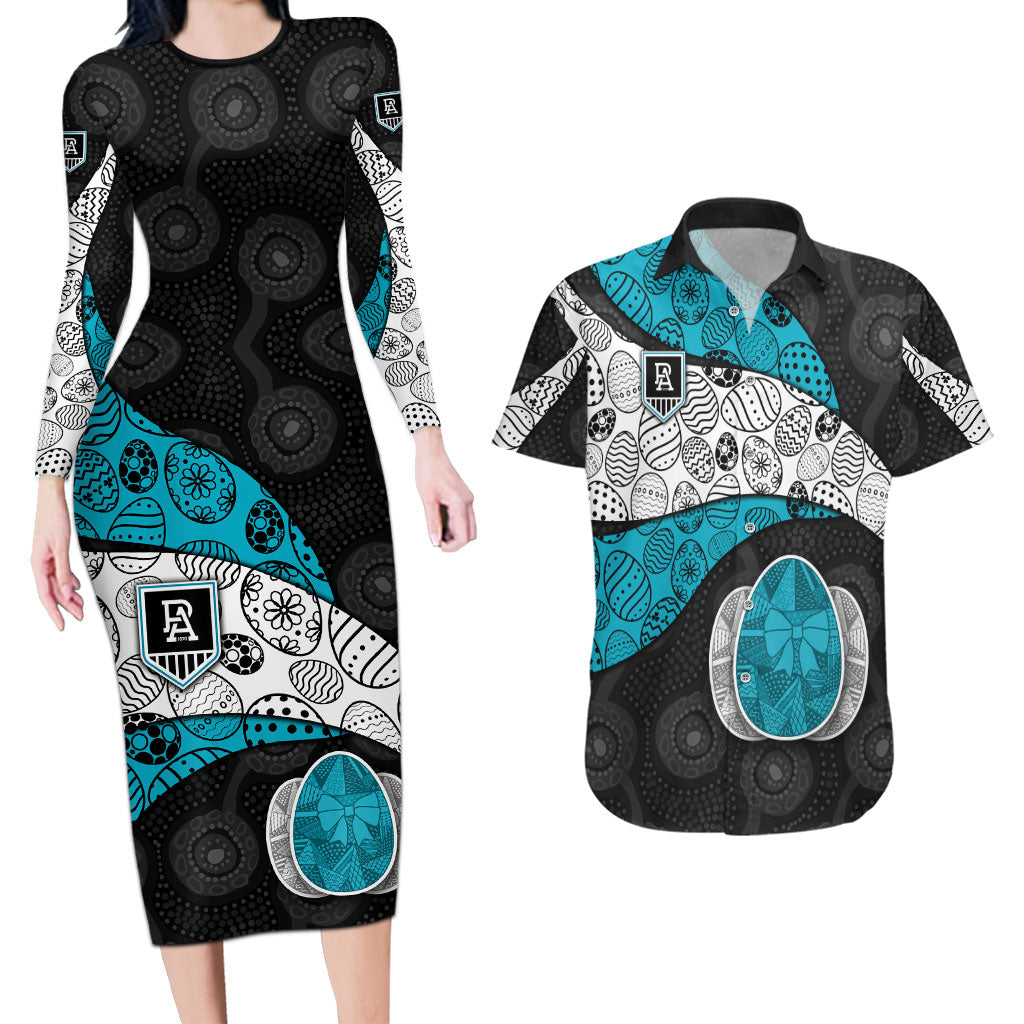 Personalized Power Football Couples Matching Long Sleeve Bodycon Dress and Hawaiian Shirt Easter Egg Pattern Teal Monochrome Tribal Dot Style