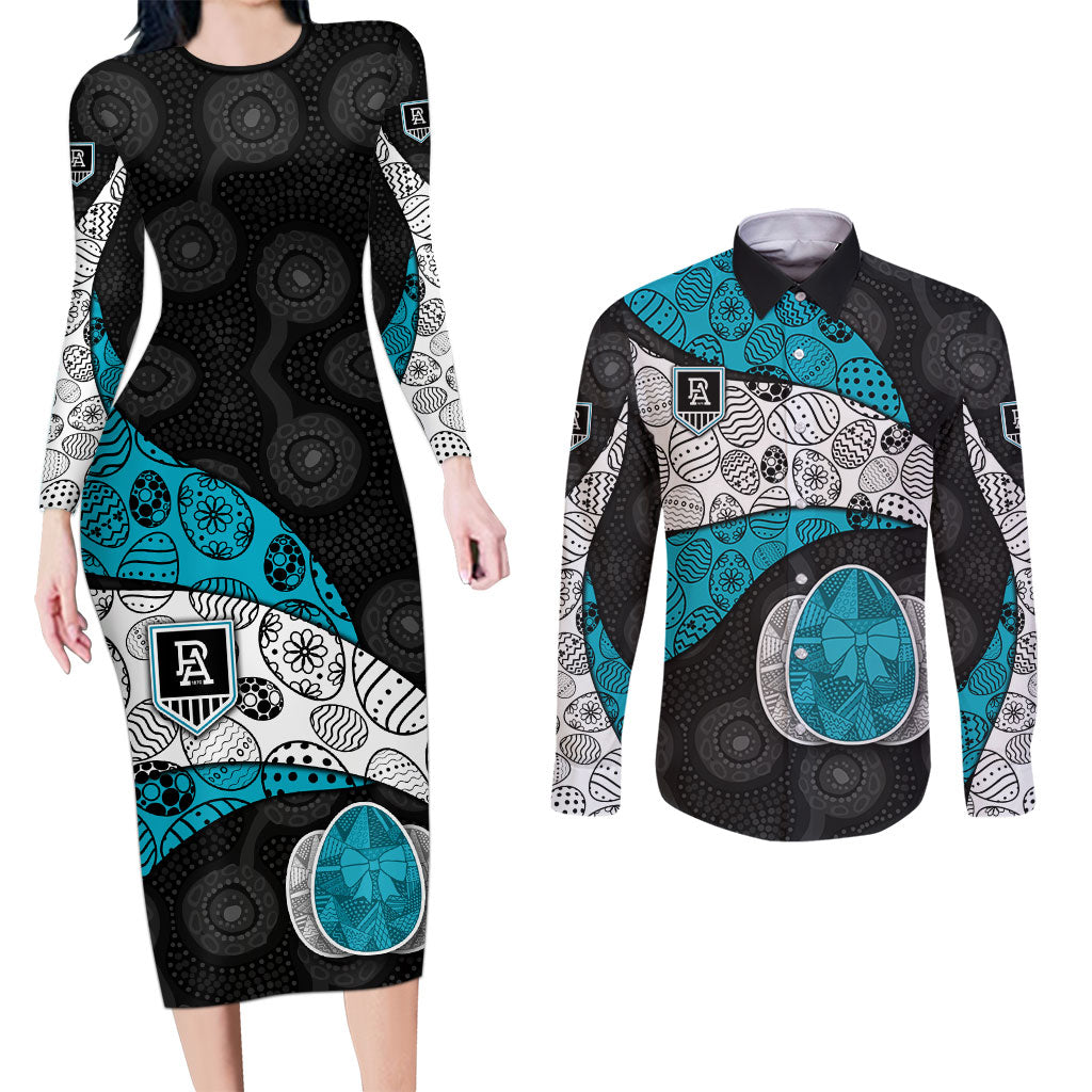 Personalized Power Football Couples Matching Long Sleeve Bodycon Dress and Long Sleeve Button Shirt Easter Egg Pattern Teal Monochrome Tribal Dot Style