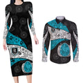 Personalized Power Football Couples Matching Long Sleeve Bodycon Dress and Long Sleeve Button Shirt Easter Egg Pattern Teal Monochrome Tribal Dot Style