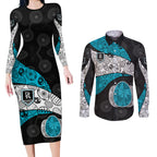 Personalized Power Football Couples Matching Long Sleeve Bodycon Dress and Long Sleeve Button Shirt Easter Egg Pattern Teal Monochrome Tribal Dot Style