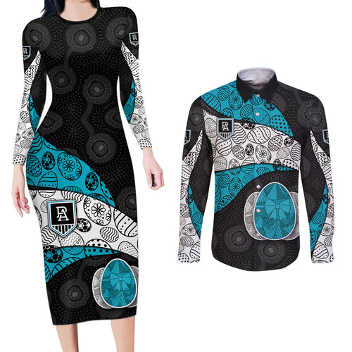 Personalized Power Football Couples Matching Long Sleeve Bodycon Dress and Long Sleeve Button Shirt Easter Egg Pattern Teal Monochrome Tribal Dot Style