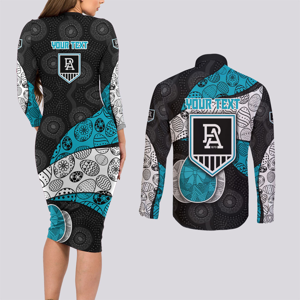 Personalized Power Football Couples Matching Long Sleeve Bodycon Dress and Long Sleeve Button Shirt Easter Egg Pattern Teal Monochrome Tribal Dot Style
