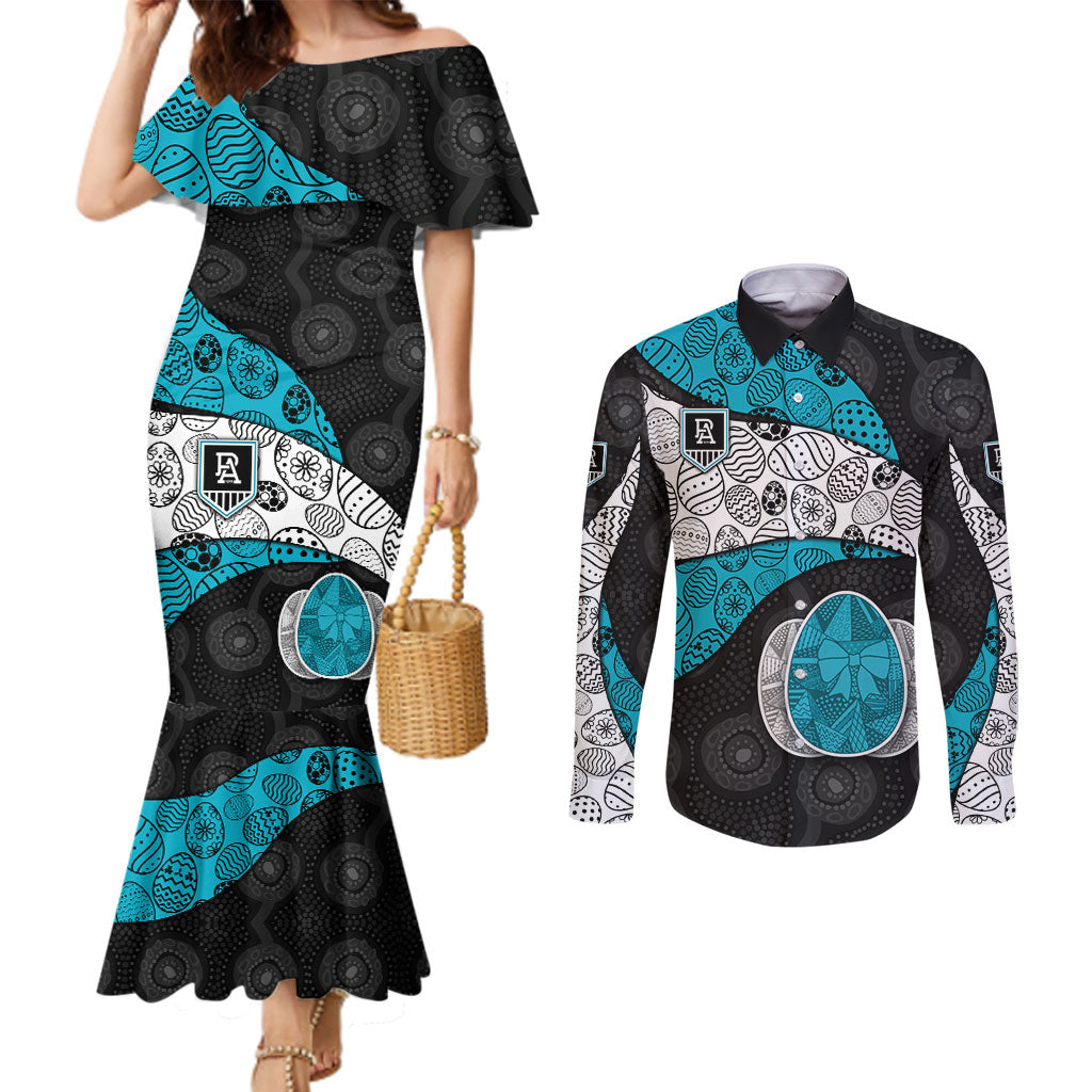 Personalized Power Football Couples Matching Mermaid Dress and Long Sleeve Button Shirt Easter Egg Pattern Teal Monochrome Tribal Dot Style