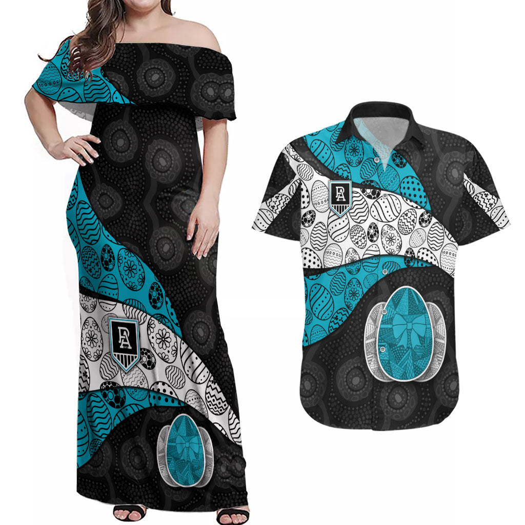 Personalized Power Football Couples Matching Off Shoulder Maxi Dress and Hawaiian Shirt Easter Egg Pattern Teal Monochrome Tribal Dot Style