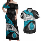 Personalized Power Football Couples Matching Off Shoulder Maxi Dress and Hawaiian Shirt Easter Egg Pattern Teal Monochrome Tribal Dot Style