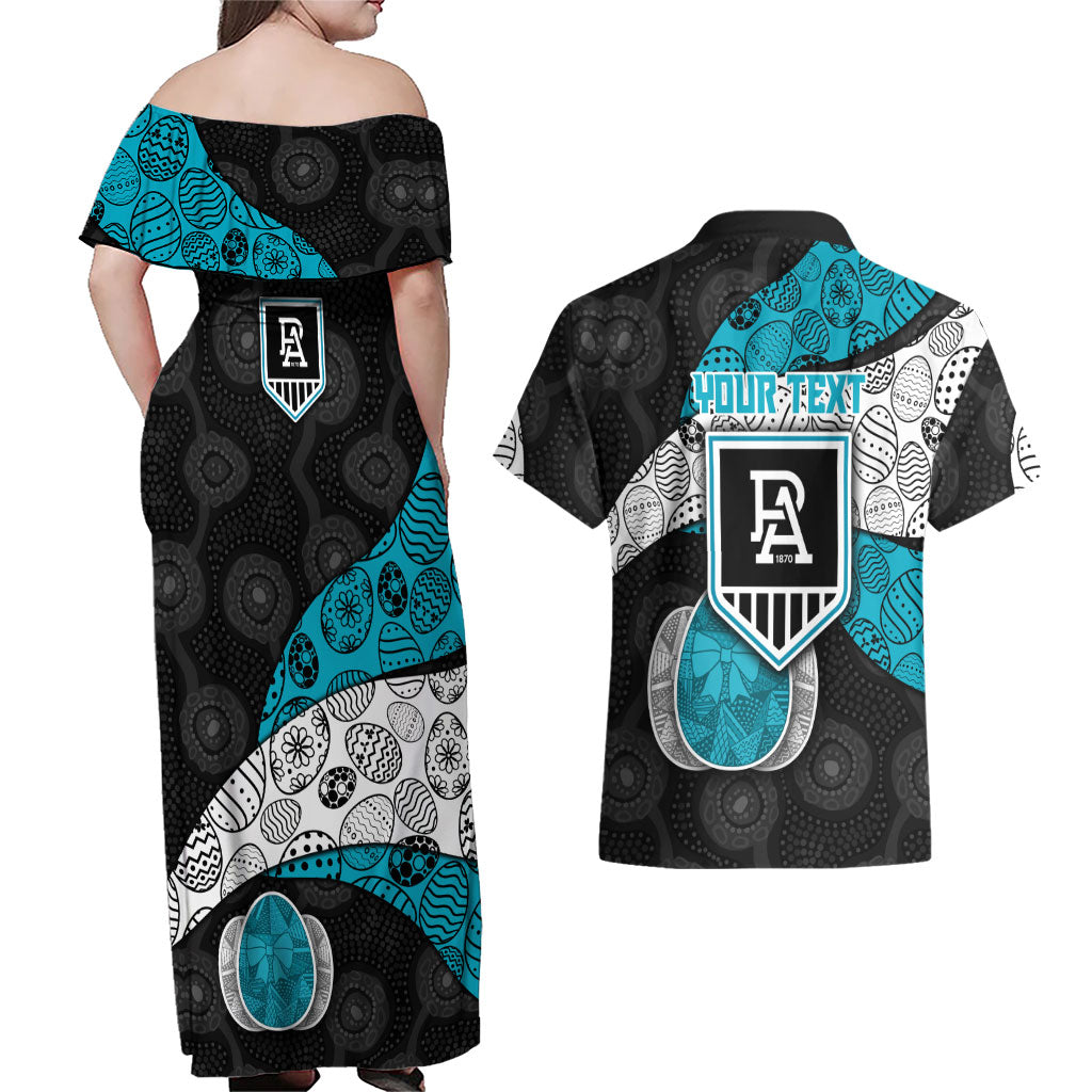 Personalized Power Football Couples Matching Off Shoulder Maxi Dress and Hawaiian Shirt Easter Egg Pattern Teal Monochrome Tribal Dot Style