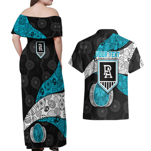 Personalized Power Football Couples Matching Off Shoulder Maxi Dress and Hawaiian Shirt Easter Egg Pattern Teal Monochrome Tribal Dot Style