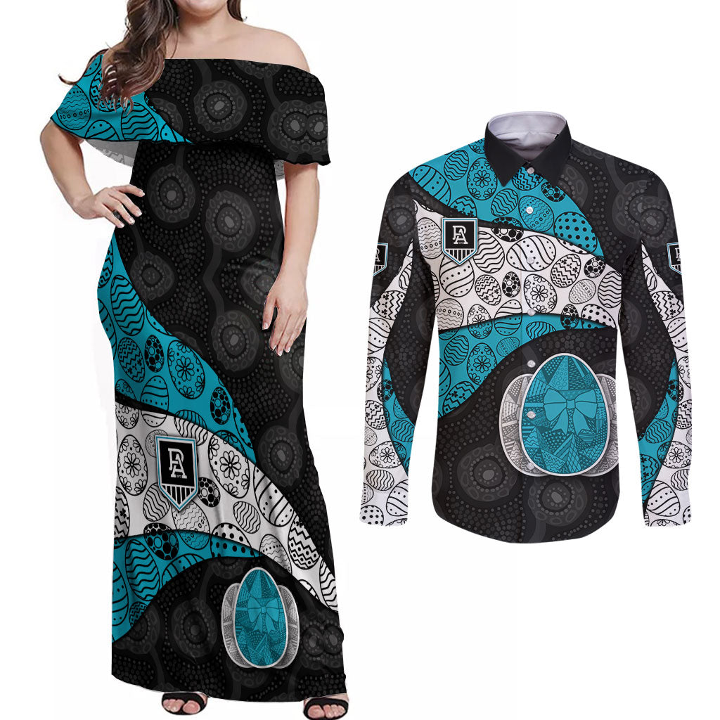 Personalized Power Football Couples Matching Off Shoulder Maxi Dress and Long Sleeve Button Shirt Easter Egg Pattern Teal Monochrome Tribal Dot Style