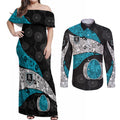 Personalized Power Football Couples Matching Off Shoulder Maxi Dress and Long Sleeve Button Shirt Easter Egg Pattern Teal Monochrome Tribal Dot Style