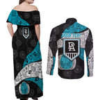 Personalized Power Football Couples Matching Off Shoulder Maxi Dress and Long Sleeve Button Shirt Easter Egg Pattern Teal Monochrome Tribal Dot Style
