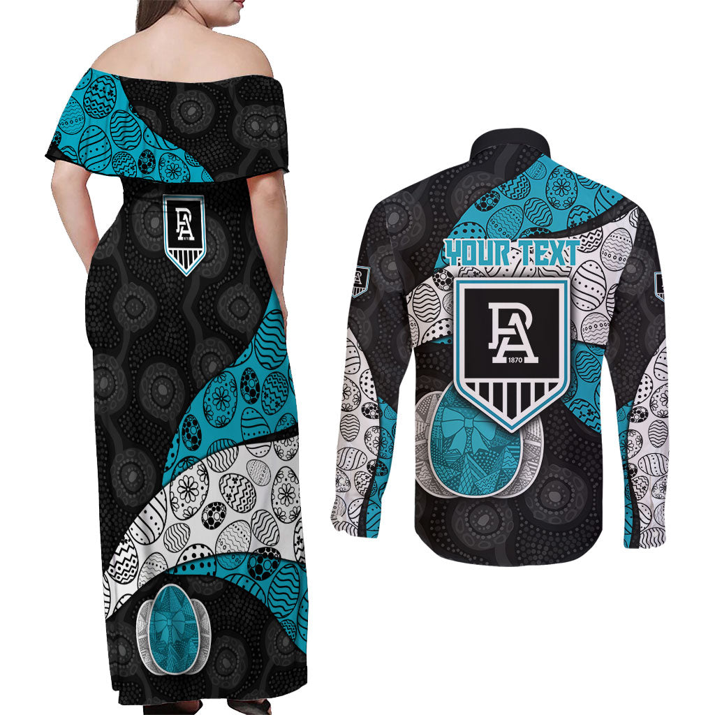 Personalized Power Football Couples Matching Off Shoulder Maxi Dress and Long Sleeve Button Shirt Easter Egg Pattern Teal Monochrome Tribal Dot Style