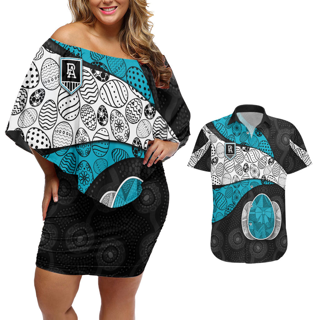 Personalized Power Football Couples Matching Off Shoulder Short Dress and Hawaiian Shirt Easter Egg Pattern Teal Monochrome Tribal Dot Style