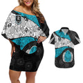 Personalized Power Football Couples Matching Off Shoulder Short Dress and Hawaiian Shirt Easter Egg Pattern Teal Monochrome Tribal Dot Style