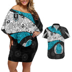 Personalized Power Football Couples Matching Off Shoulder Short Dress and Hawaiian Shirt Easter Egg Pattern Teal Monochrome Tribal Dot Style