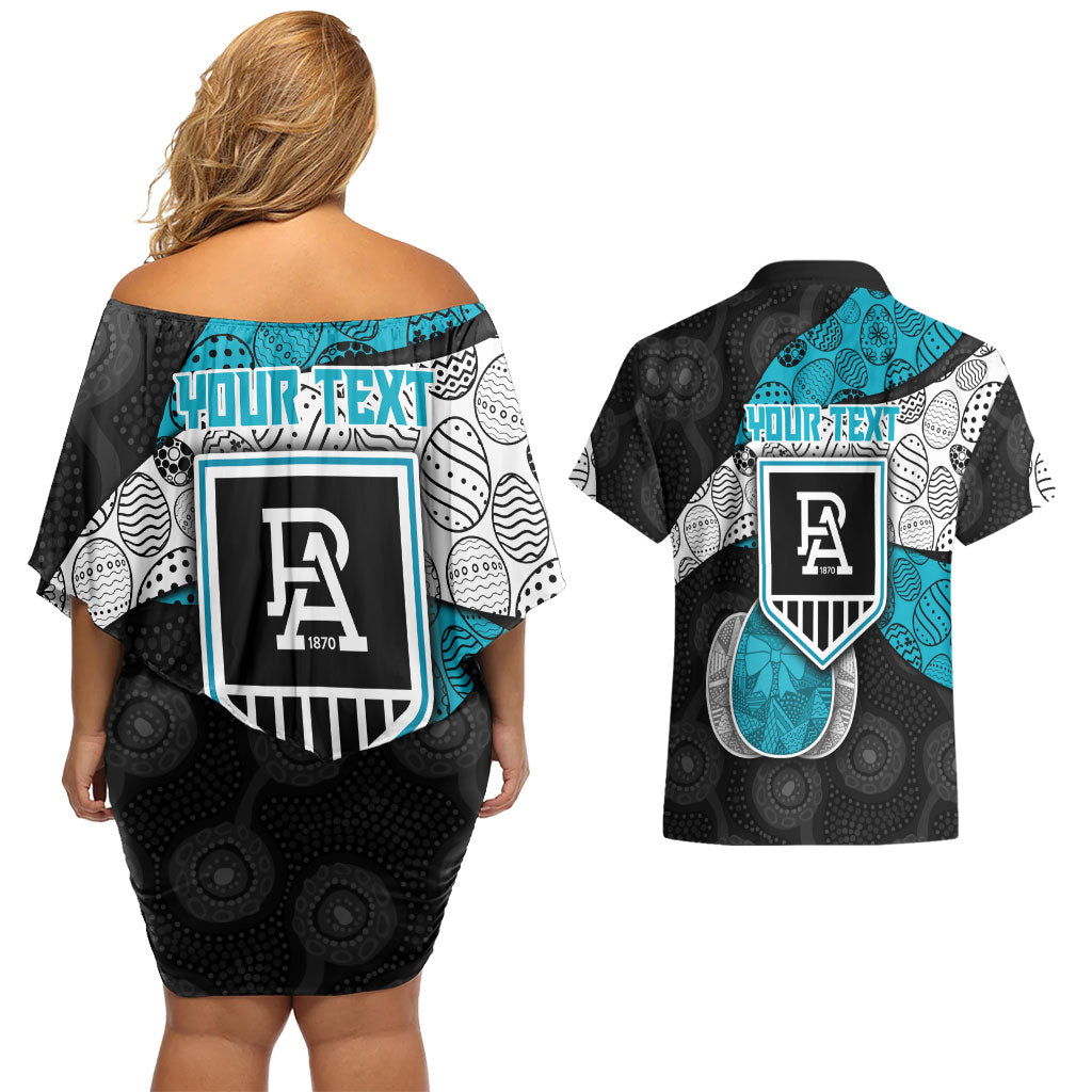Personalized Power Football Couples Matching Off Shoulder Short Dress and Hawaiian Shirt Easter Egg Pattern Teal Monochrome Tribal Dot Style