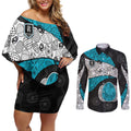 Personalized Power Football Couples Matching Off Shoulder Short Dress and Long Sleeve Button Shirt Easter Egg Pattern Teal Monochrome Tribal Dot Style