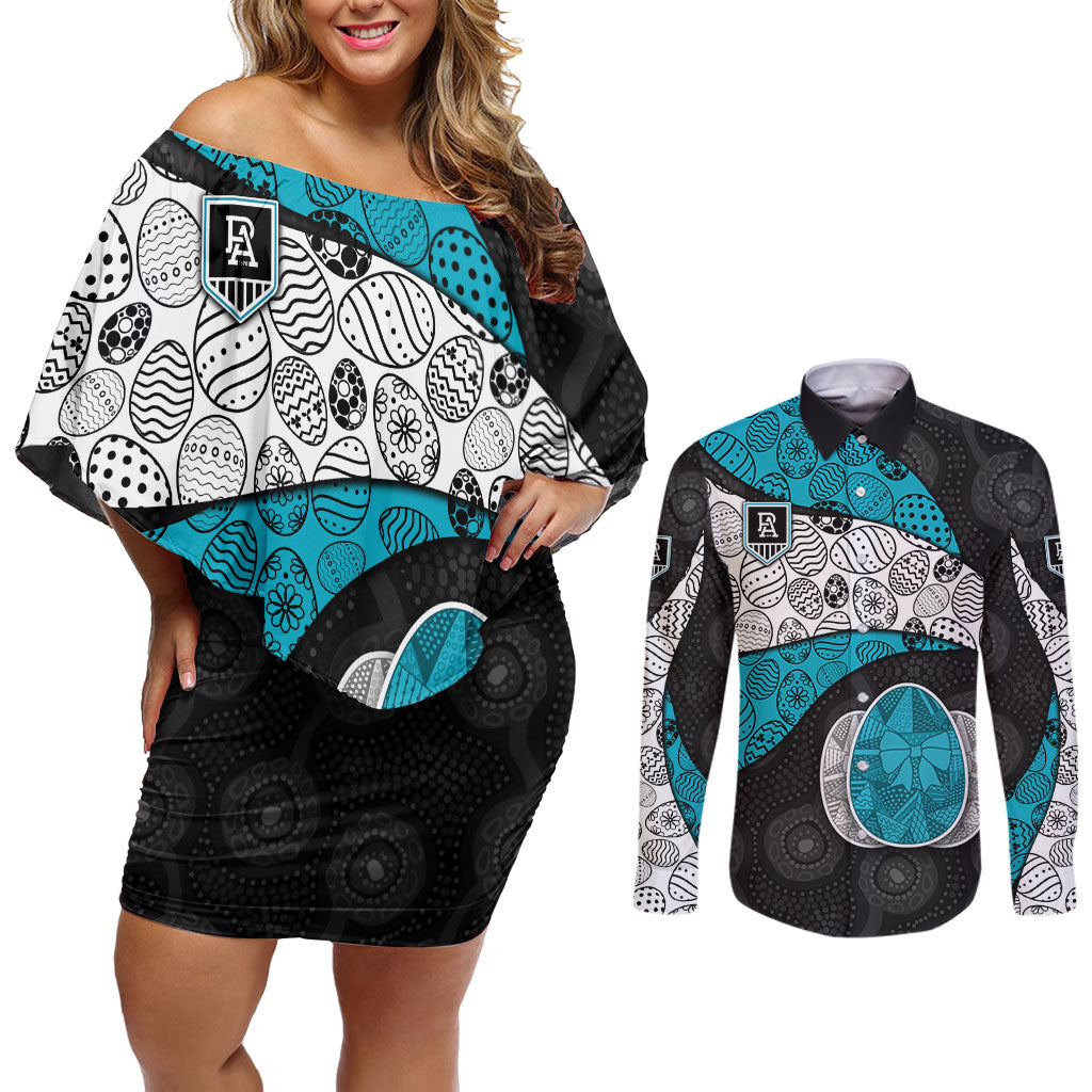 Personalized Power Football Couples Matching Off Shoulder Short Dress and Long Sleeve Button Shirt Easter Egg Pattern Teal Monochrome Tribal Dot Style