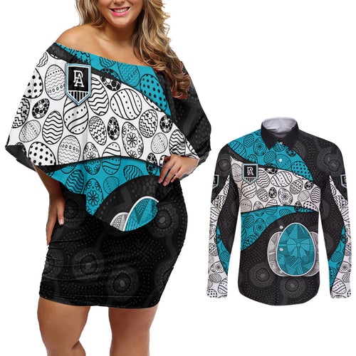 Personalized Power Football Couples Matching Off Shoulder Short Dress and Long Sleeve Button Shirt Easter Egg Pattern Teal Monochrome Tribal Dot Style