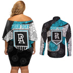 Personalized Power Football Couples Matching Off Shoulder Short Dress and Long Sleeve Button Shirt Easter Egg Pattern Teal Monochrome Tribal Dot Style
