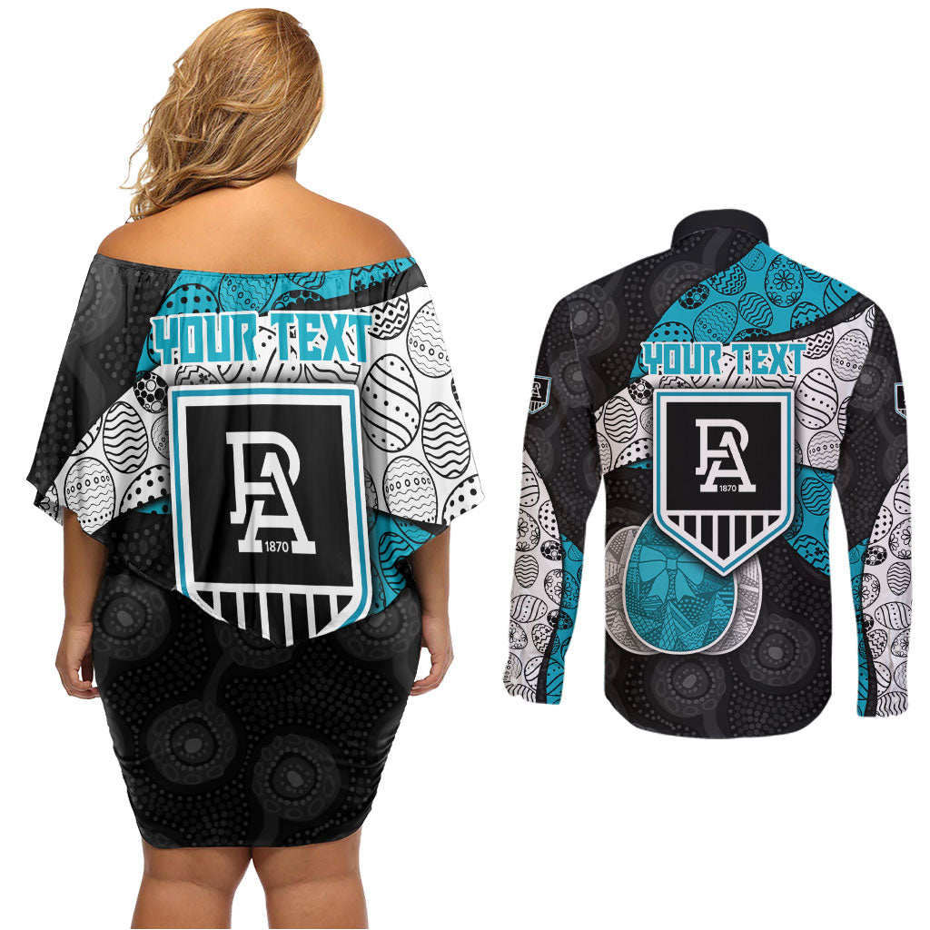Personalized Power Football Couples Matching Off Shoulder Short Dress and Long Sleeve Button Shirt Easter Egg Pattern Teal Monochrome Tribal Dot Style