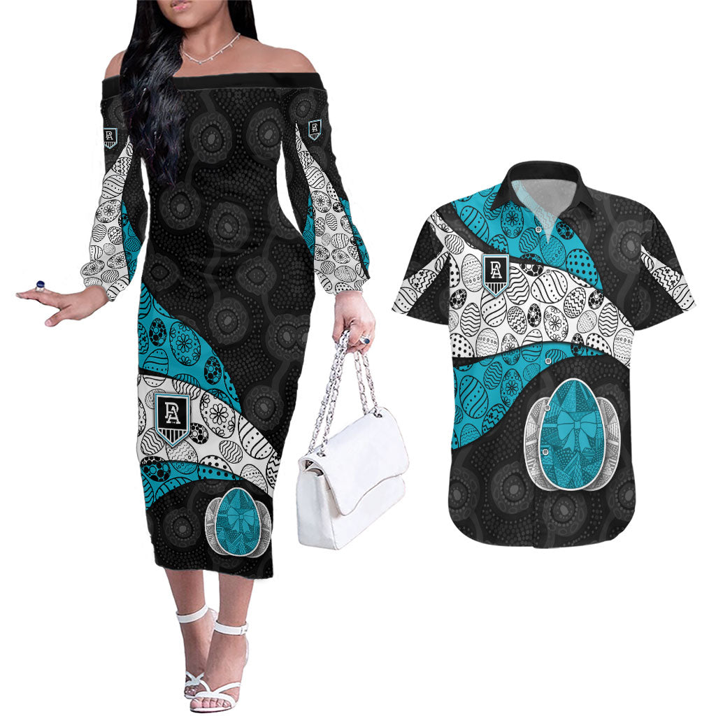 Personalized Power Football Couples Matching Off The Shoulder Long Sleeve Dress and Hawaiian Shirt Easter Egg Pattern Teal Monochrome Tribal Dot Style