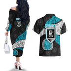 Personalized Power Football Couples Matching Off The Shoulder Long Sleeve Dress and Hawaiian Shirt Easter Egg Pattern Teal Monochrome Tribal Dot Style