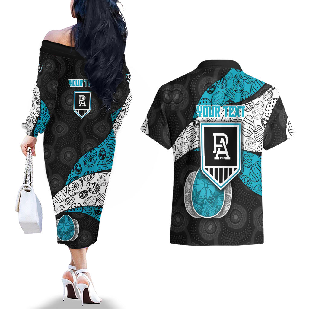Personalized Power Football Couples Matching Off The Shoulder Long Sleeve Dress and Hawaiian Shirt Easter Egg Pattern Teal Monochrome Tribal Dot Style