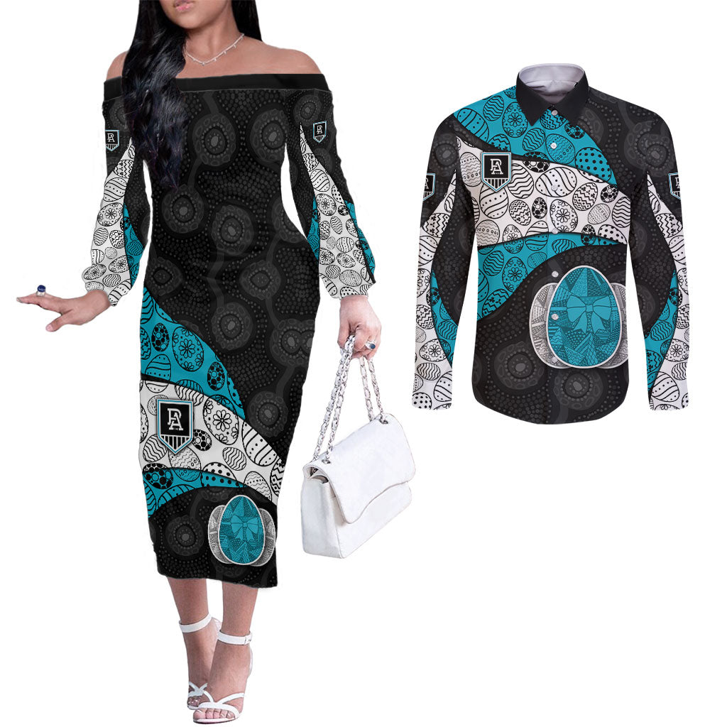 Personalized Power Football Couples Matching Off The Shoulder Long Sleeve Dress and Long Sleeve Button Shirt Easter Egg Pattern Teal Monochrome Tribal Dot Style