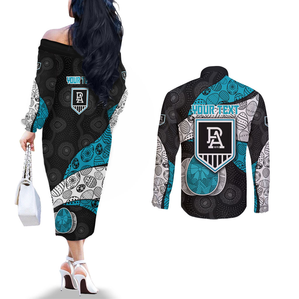 Personalized Power Football Couples Matching Off The Shoulder Long Sleeve Dress and Long Sleeve Button Shirt Easter Egg Pattern Teal Monochrome Tribal Dot Style