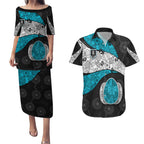 Personalized Power Football Couples Matching Puletasi and Hawaiian Shirt Easter Egg Pattern Teal Monochrome Tribal Dot Style