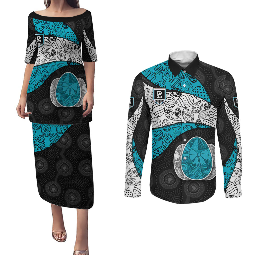 Personalized Power Football Couples Matching Puletasi and Long Sleeve Button Shirt Easter Egg Pattern Teal Monochrome Tribal Dot Style