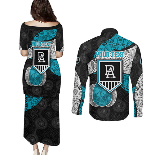 Personalized Power Football Couples Matching Puletasi and Long Sleeve Button Shirt Easter Egg Pattern Teal Monochrome Tribal Dot Style