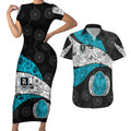 Personalized Power Football Couples Matching Short Sleeve Bodycon Dress and Hawaiian Shirt Easter Egg Pattern Teal Monochrome Tribal Dot Style