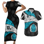 Personalized Power Football Couples Matching Short Sleeve Bodycon Dress and Hawaiian Shirt Easter Egg Pattern Teal Monochrome Tribal Dot Style