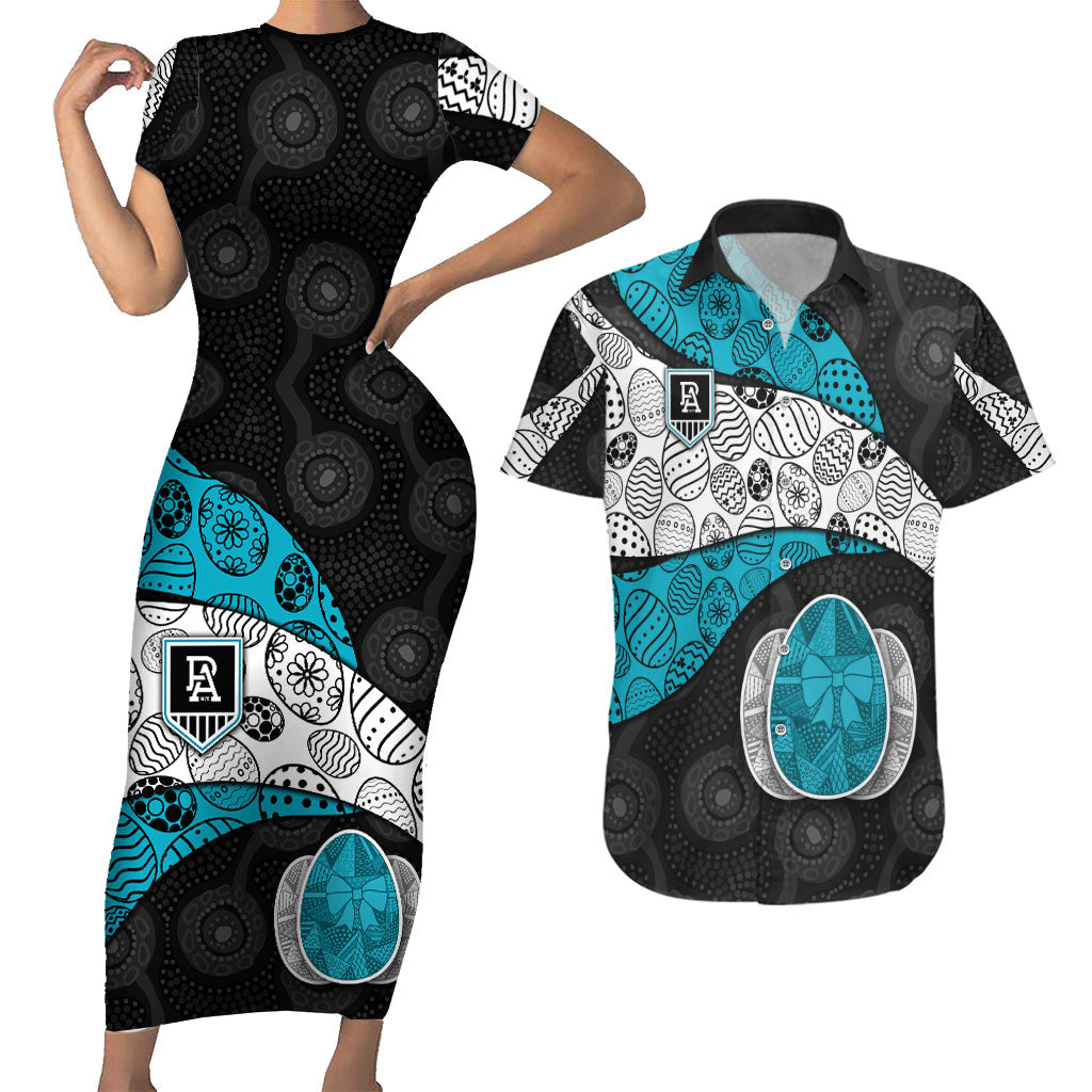 Personalized Power Football Couples Matching Short Sleeve Bodycon Dress and Hawaiian Shirt Easter Egg Pattern Teal Monochrome Tribal Dot Style