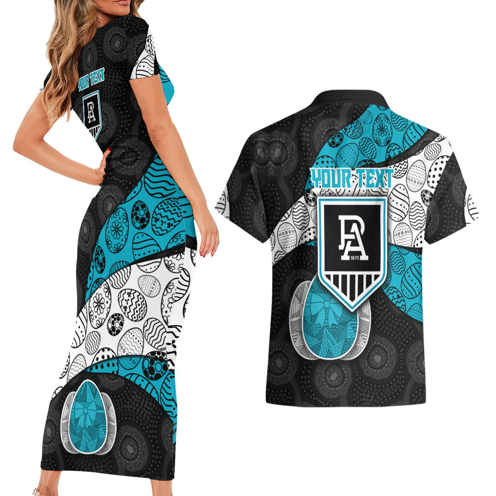 Personalized Power Football Couples Matching Short Sleeve Bodycon Dress and Hawaiian Shirt Easter Egg Pattern Teal Monochrome Tribal Dot Style