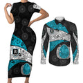 Personalized Power Football Couples Matching Short Sleeve Bodycon Dress and Long Sleeve Button Shirt Easter Egg Pattern Teal Monochrome Tribal Dot Style
