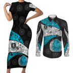 Personalized Power Football Couples Matching Short Sleeve Bodycon Dress and Long Sleeve Button Shirt Easter Egg Pattern Teal Monochrome Tribal Dot Style