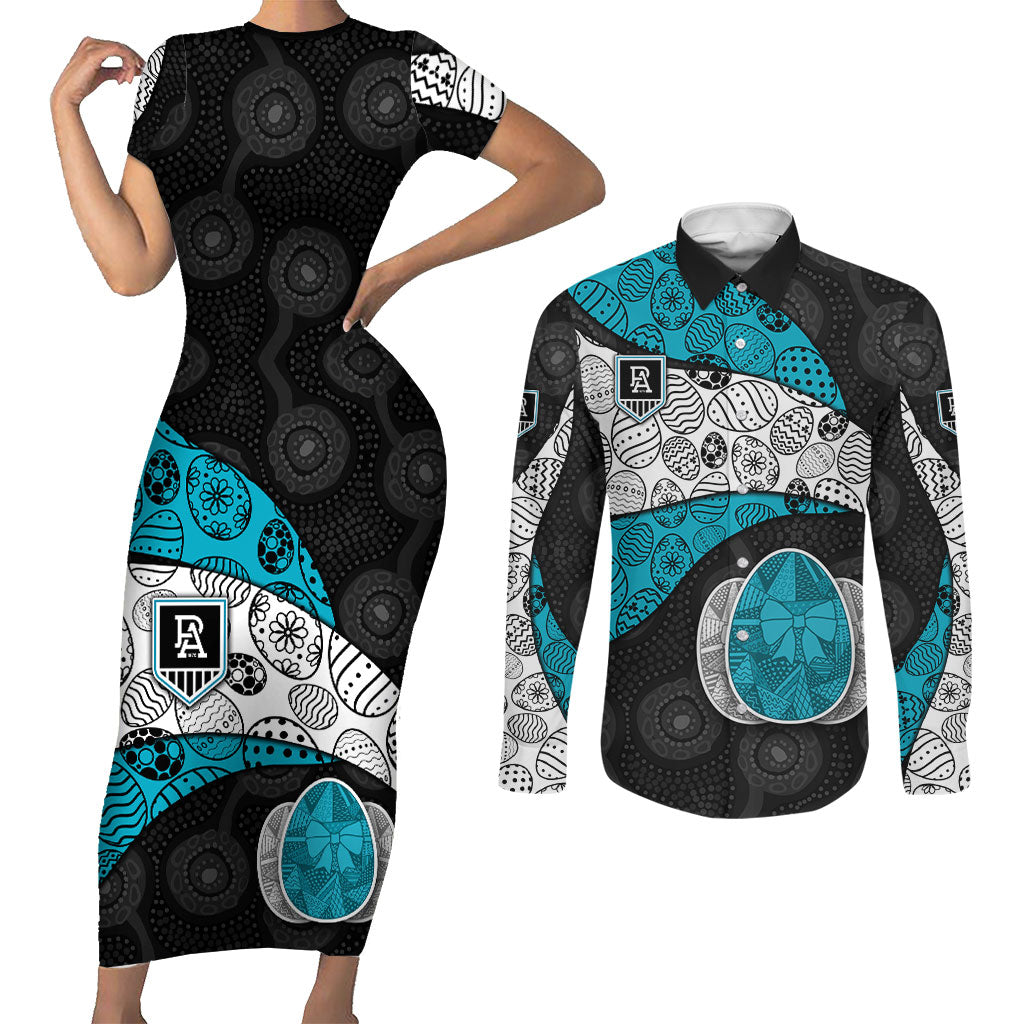 Personalized Power Football Couples Matching Short Sleeve Bodycon Dress and Long Sleeve Button Shirt Easter Egg Pattern Teal Monochrome Tribal Dot Style