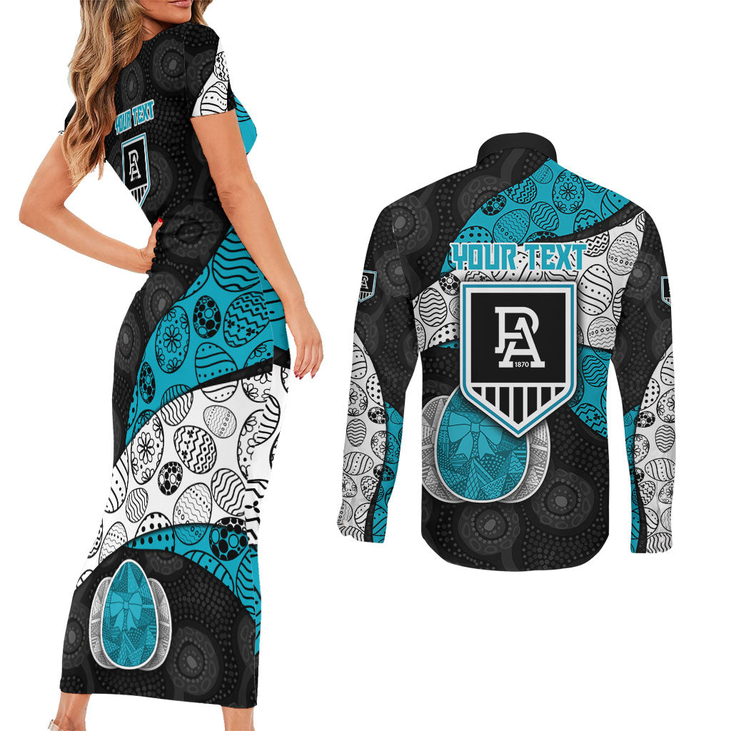 Personalized Power Football Couples Matching Short Sleeve Bodycon Dress and Long Sleeve Button Shirt Easter Egg Pattern Teal Monochrome Tribal Dot Style