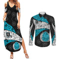 Personalized Power Football Couples Matching Summer Maxi Dress and Long Sleeve Button Shirt Easter Egg Pattern Teal Monochrome Tribal Dot Style