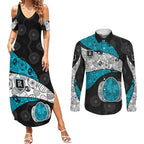 Personalized Power Football Couples Matching Summer Maxi Dress and Long Sleeve Button Shirt Easter Egg Pattern Teal Monochrome Tribal Dot Style