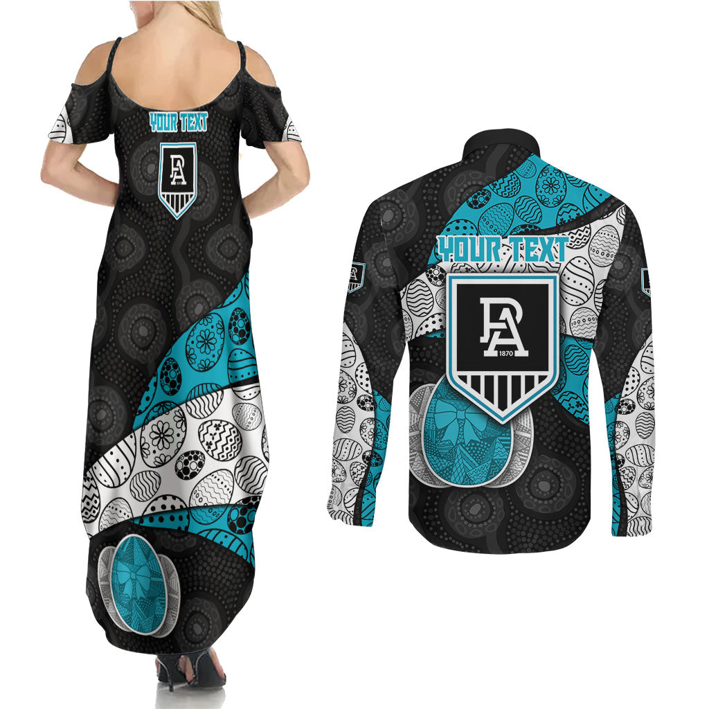 Personalized Power Football Couples Matching Summer Maxi Dress and Long Sleeve Button Shirt Easter Egg Pattern Teal Monochrome Tribal Dot Style