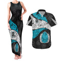 Personalized Power Football Couples Matching Tank Maxi Dress and Hawaiian Shirt Easter Egg Pattern Teal Monochrome Tribal Dot Style